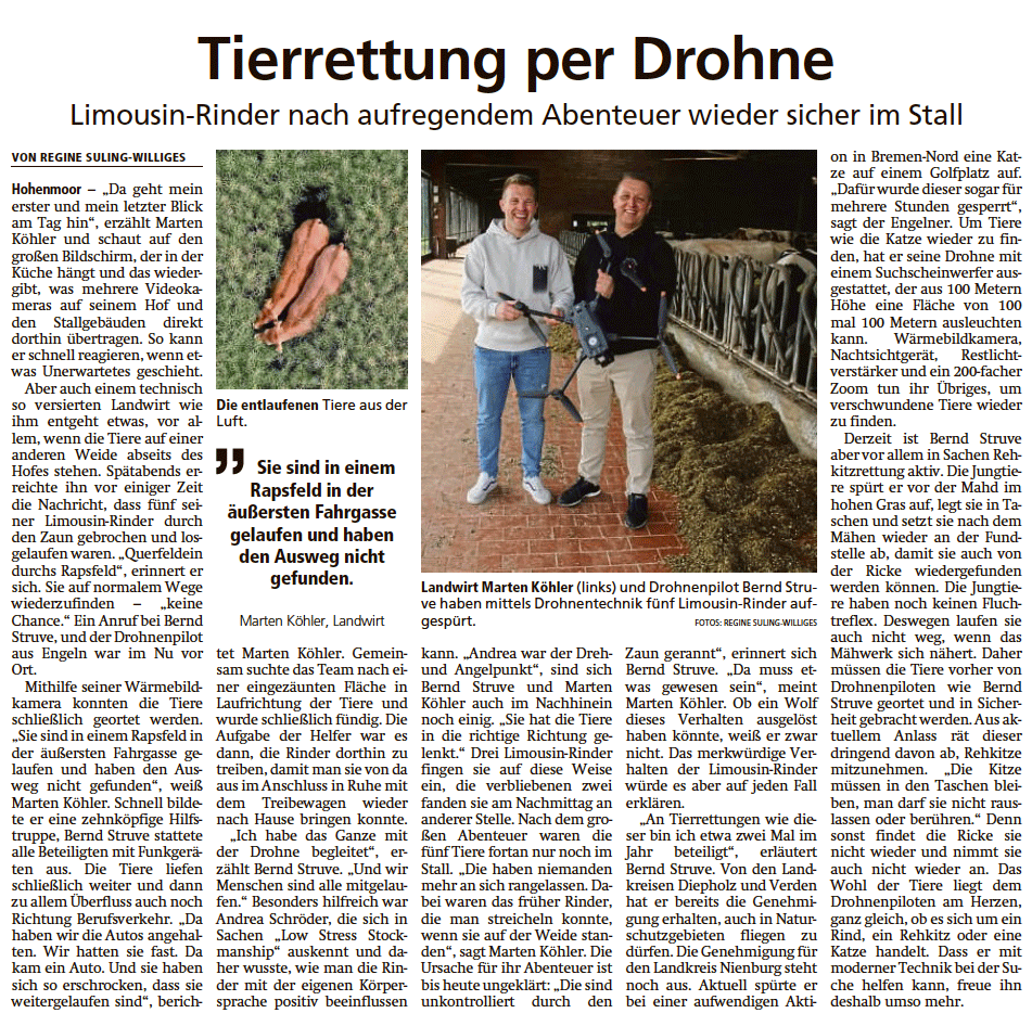 Beitrag Tierrettung per Drohne in der Kreiszeitung Mai 2024